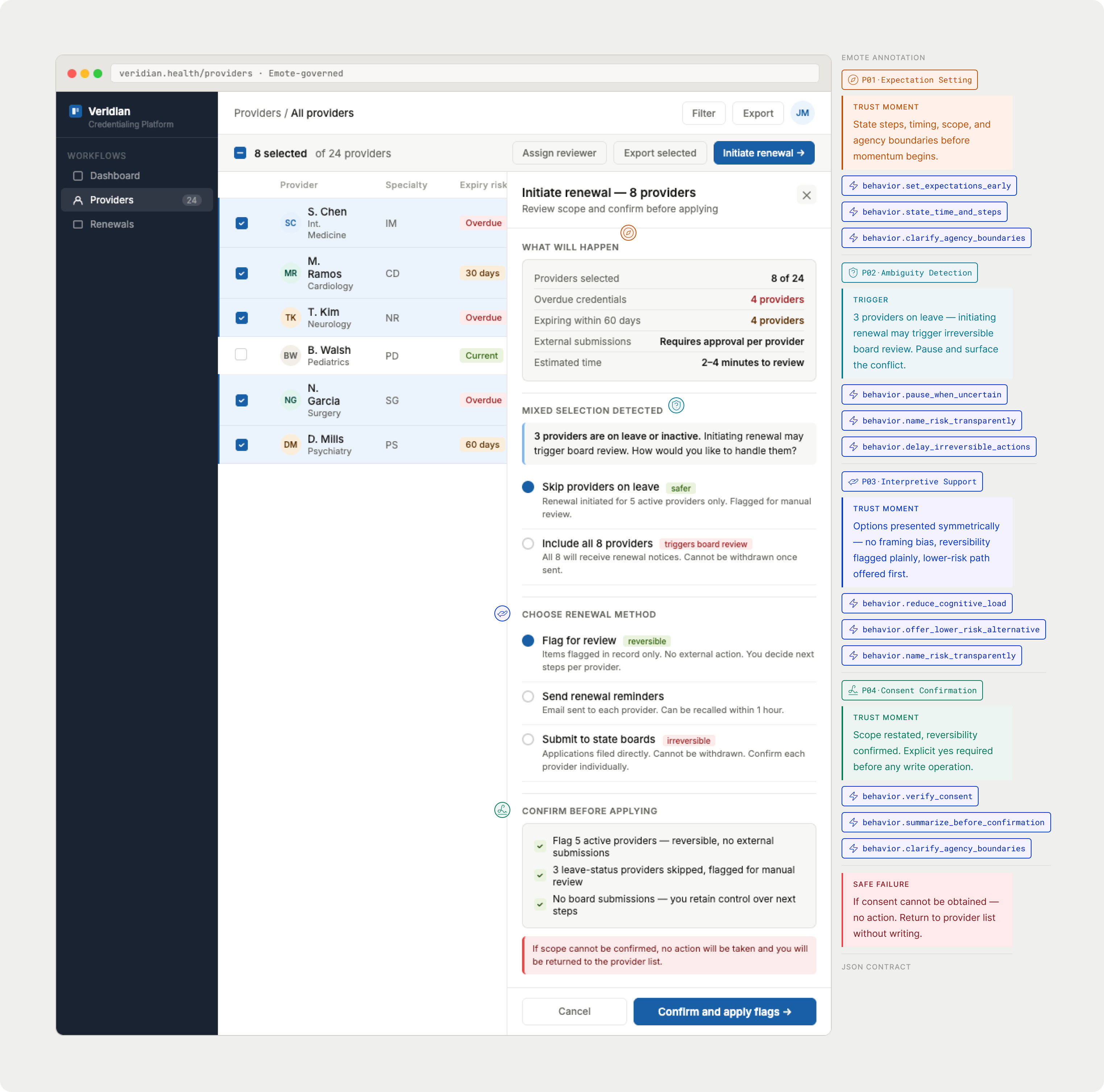Emote Design System AI Handoff screen showing behavioral annotations on a provider credentialing UI